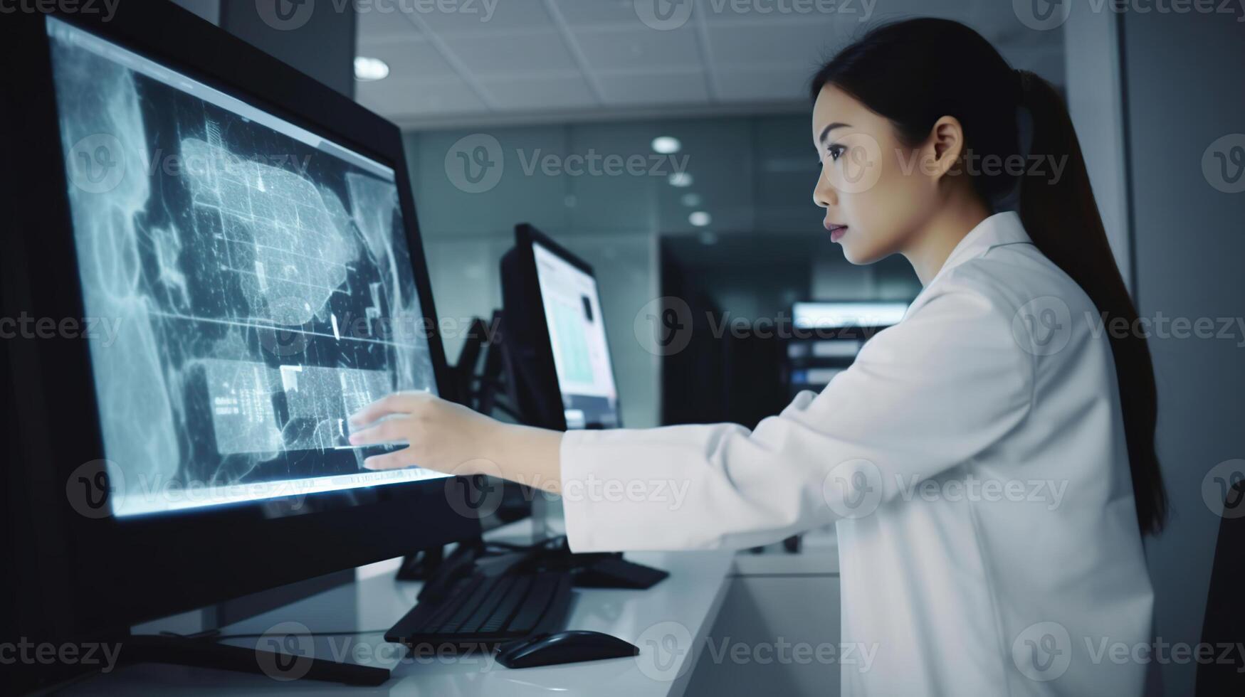 Frau Arzt mit Tablette Computer zu Anzeige und analysieren wird bearbeitet geduldig Daten auf futuristisch virtuell Schnittstelle Bildschirm, ai generativ foto