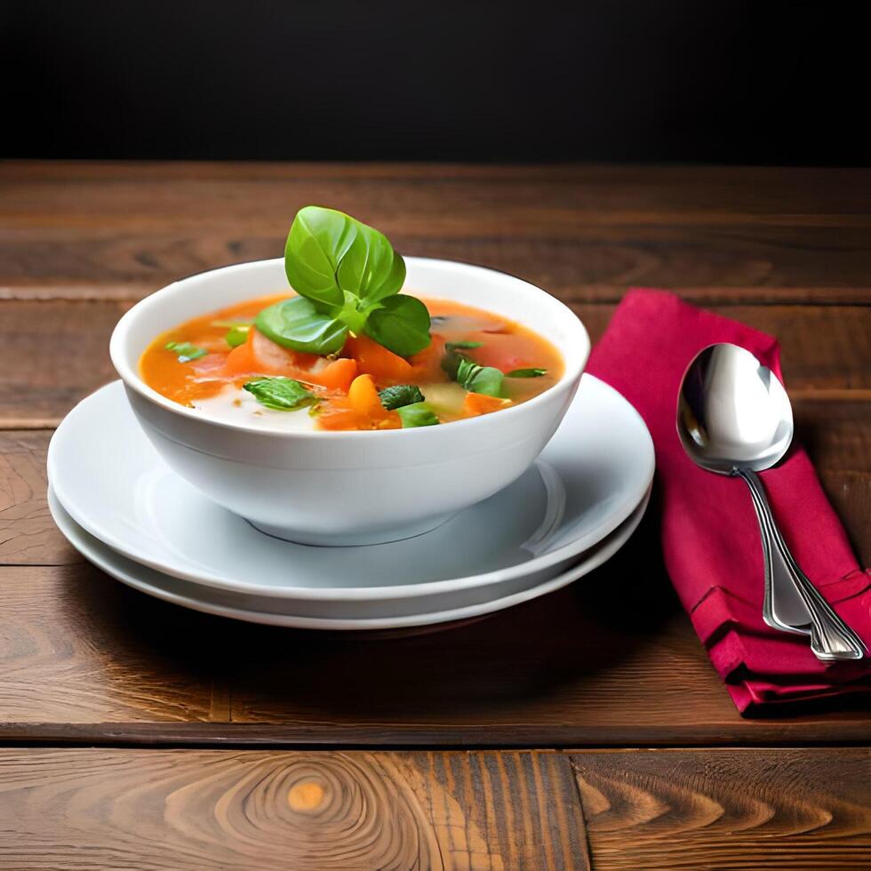 würzig Suppe im Schüssel auf hölzern Tisch. generiert ai. foto