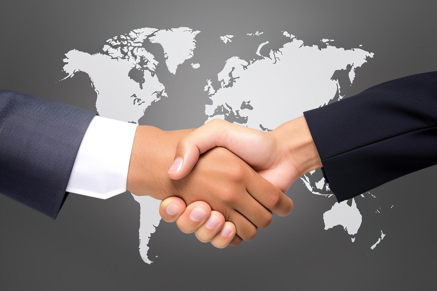 Geschäft Zustimmung Handschlag Hand Geste mit ein Welt Karte im das Hintergrund. ai generiert foto