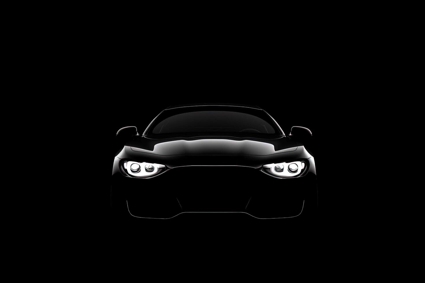 Vorderseite Aussicht dunkel Silhouette von ein modern Luxus schwarz Auto isoliert auf schwarz Hintergrund. ai generiert foto