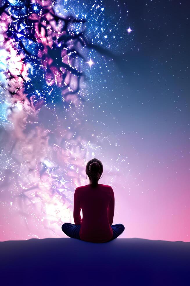 ein Frau meditieren unter ein Galaxis Himmel. ai generiert foto