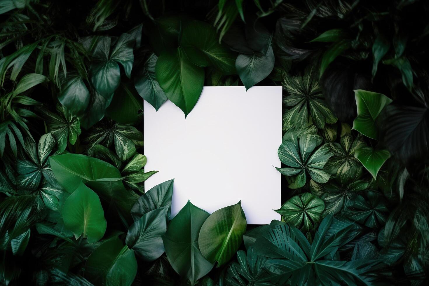Weiß Papier Karte auf legen Grün Blätter Textur oben Aussicht Hintergrund. kreativ Layout im Natur Konzept. ai generiert foto