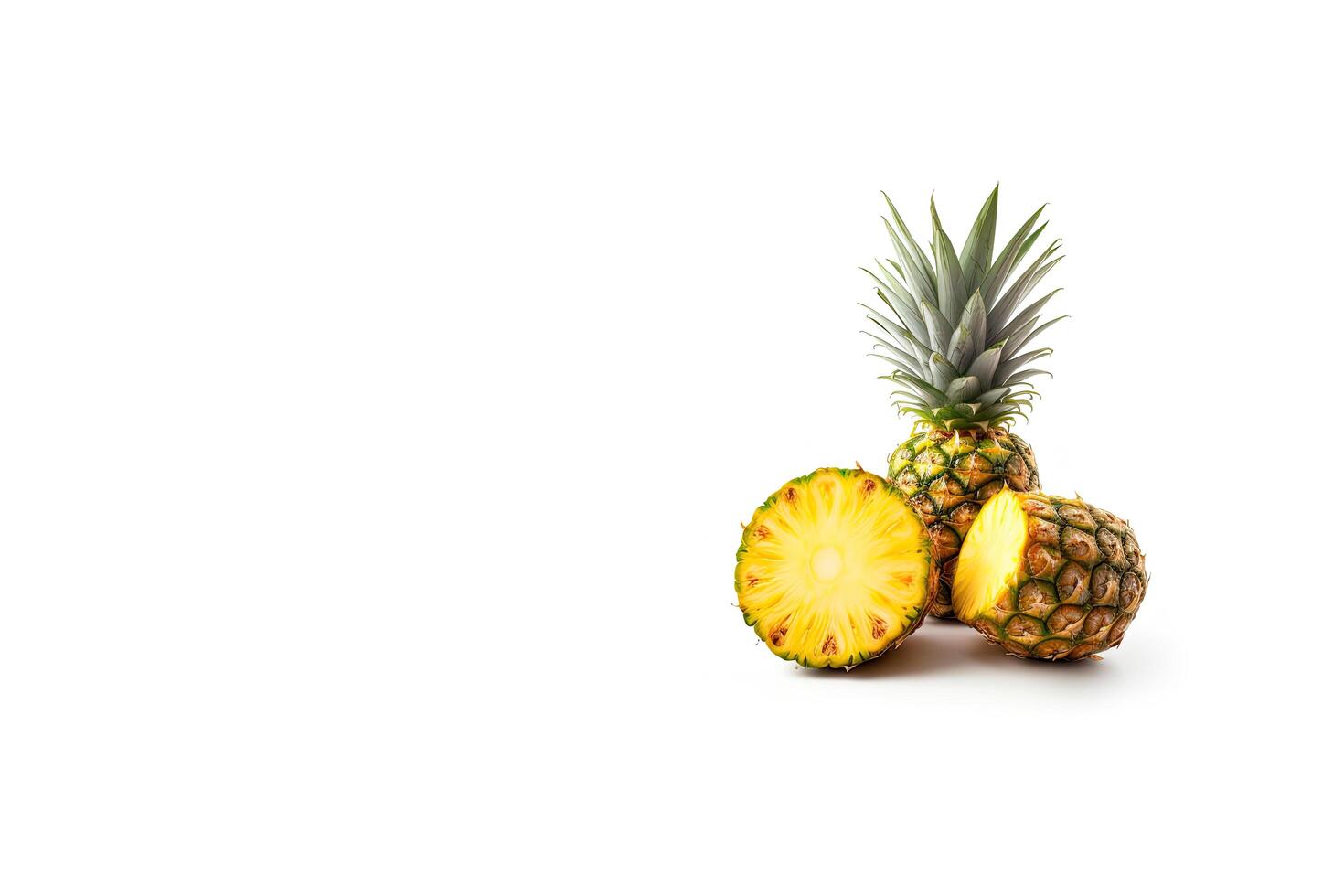 frisch reif ganze und geschnitten Ananas isoliert auf Weiß Hintergrund mit Kopieren Raum. ai generiert foto