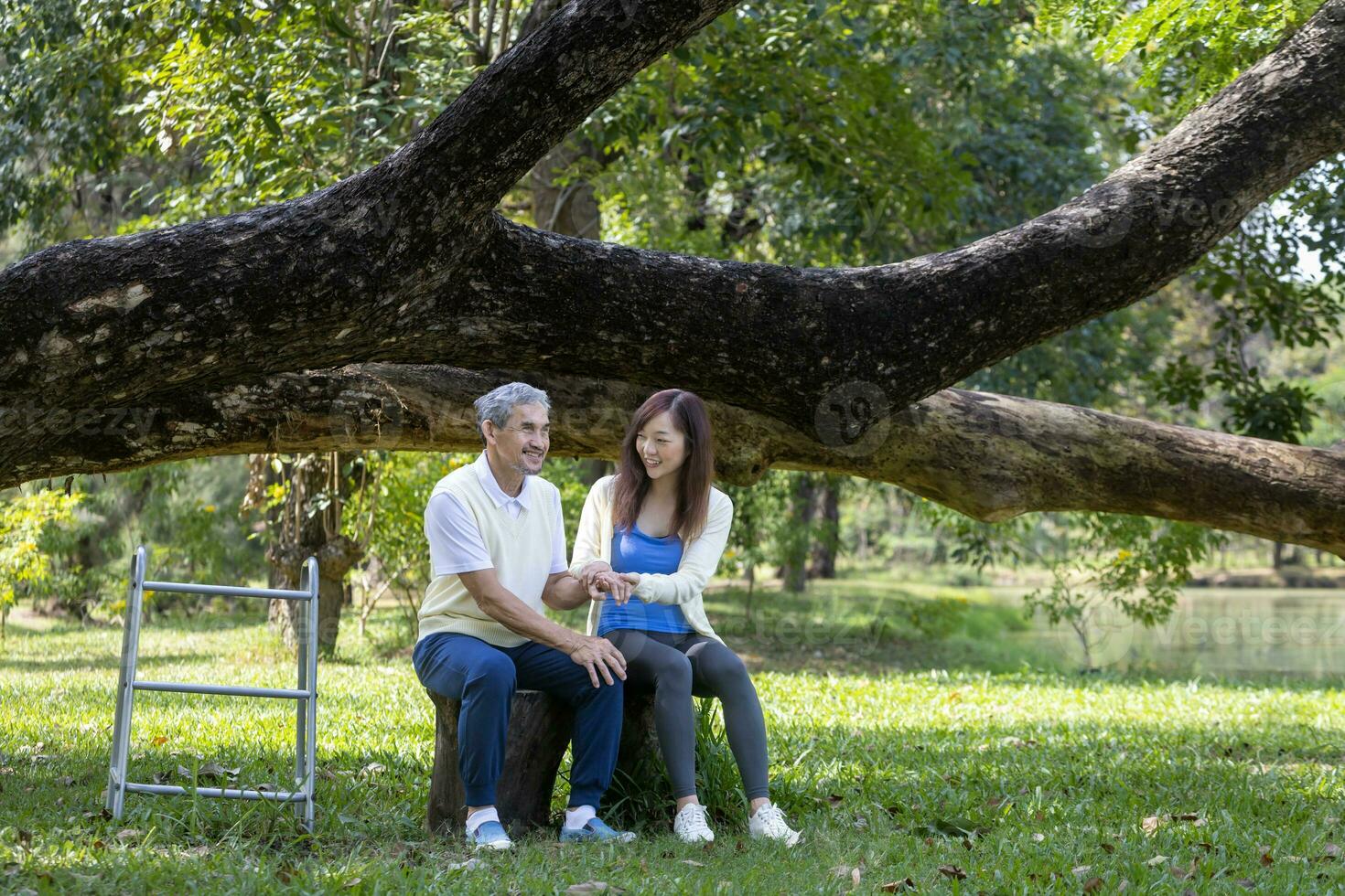 asiatisch Senior Vater mit Gehhilfe und Tochter Sitzung zusammen unter das groß Baum im das Park während Sommer- zum Licht Übung und physisch Therapie Verwendung. foto
