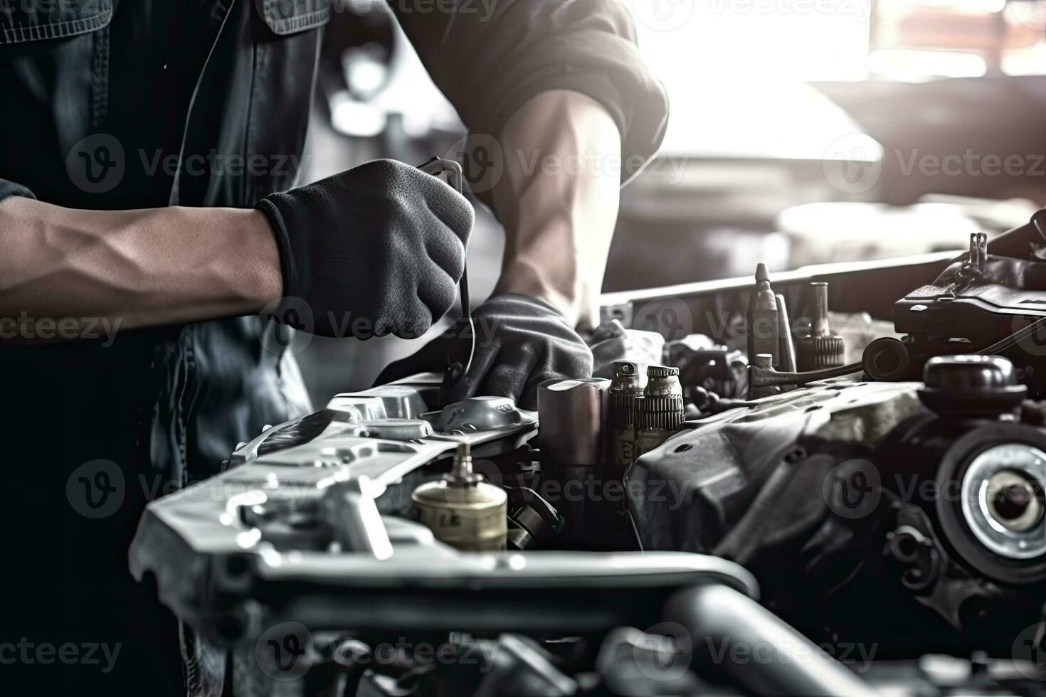 Auto Mechaniker Arbeiten auf Auto gebrochen Motor im Mechanik Bedienung oder Garage. Transport Instandhaltung Schlüssel detia foto