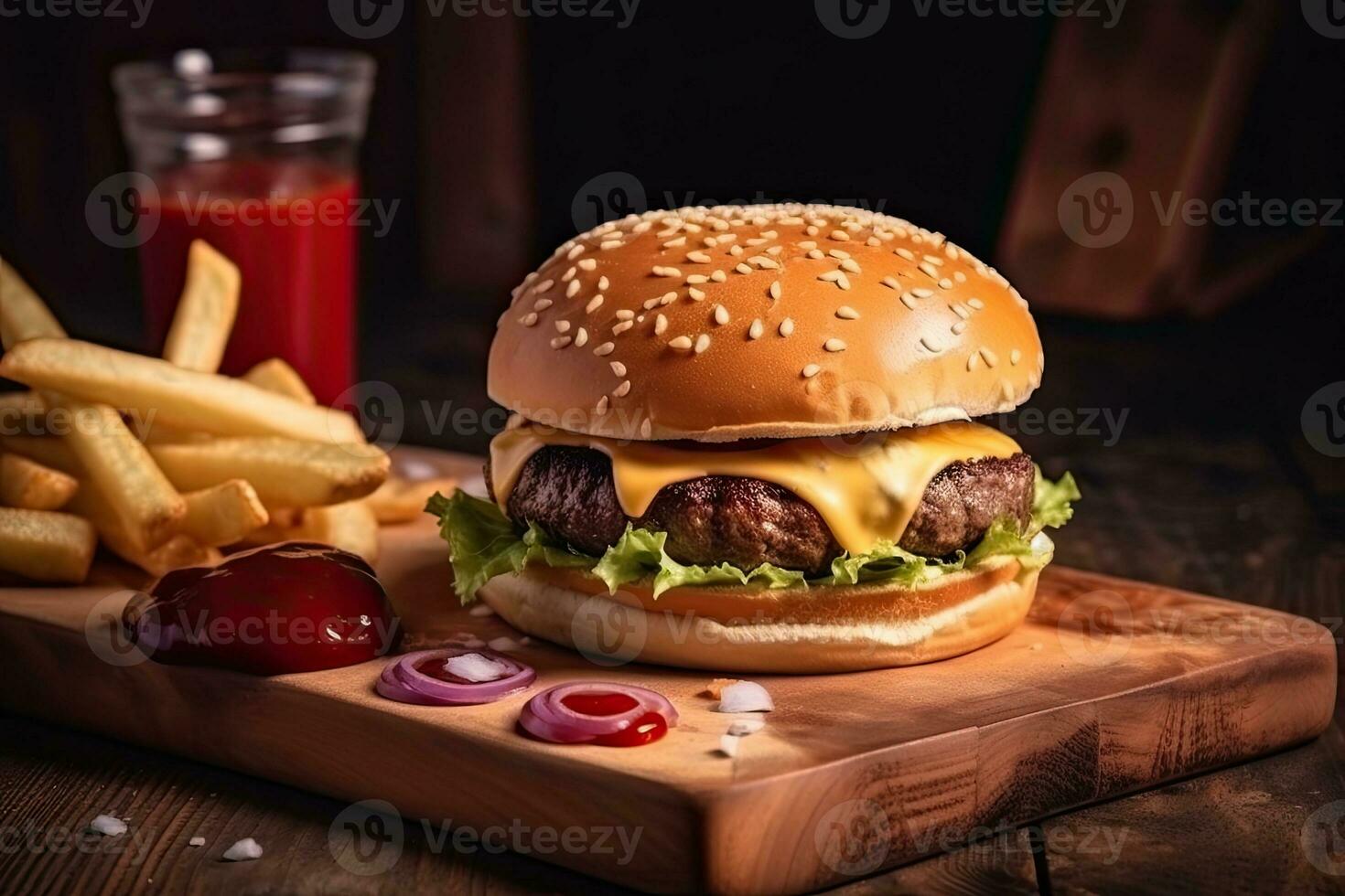 Käse Burger - - amerikanisch Käse Burger mit golden Französisch Fritten auf hölzern Hintergrund foto