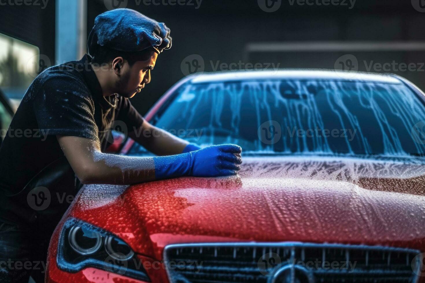 schließen oben Mann Waschen ihr Auto im ein selbst - - Bedienung Auto waschen Bahnhof. Auto waschen selbst - - Bedienung foto