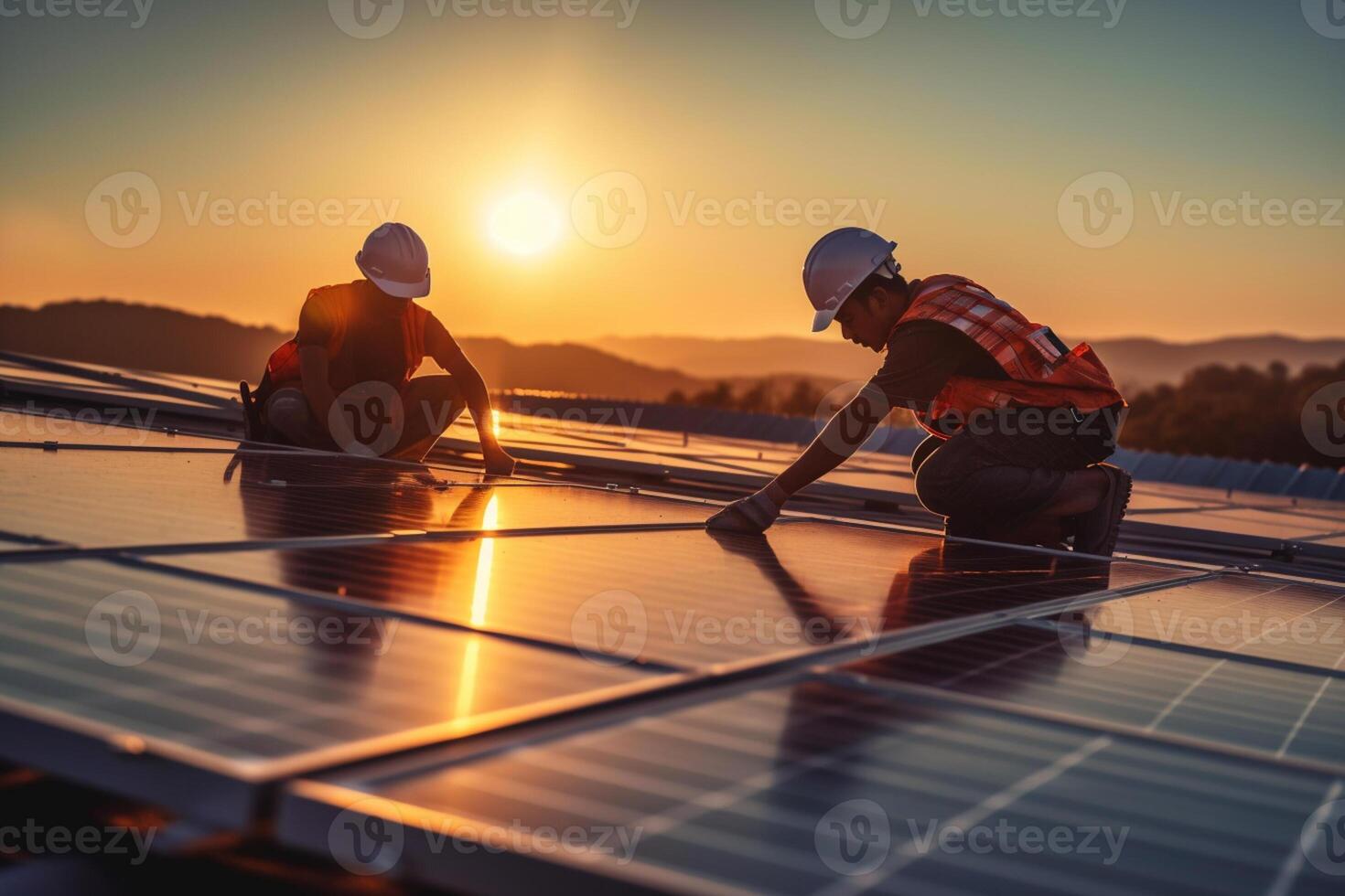 zwei Arbeitskräfte sind Arbeiten auf Solar- Paneele während das Sonne steigt an mit generativ ai foto