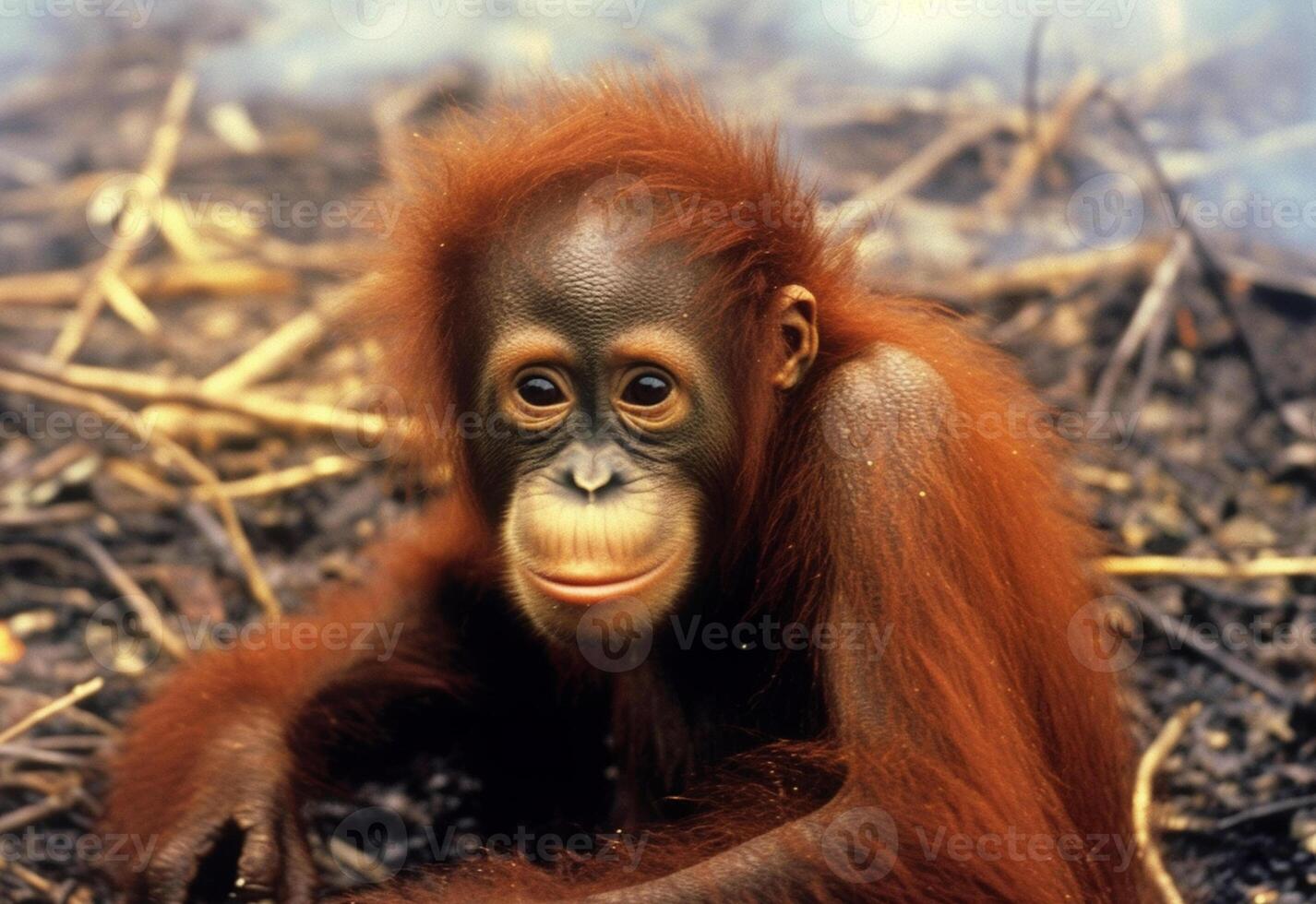 ein Porträt von Arm Orang-Utan sieht aus traurig beim Verbrennung Wald ai generiert foto