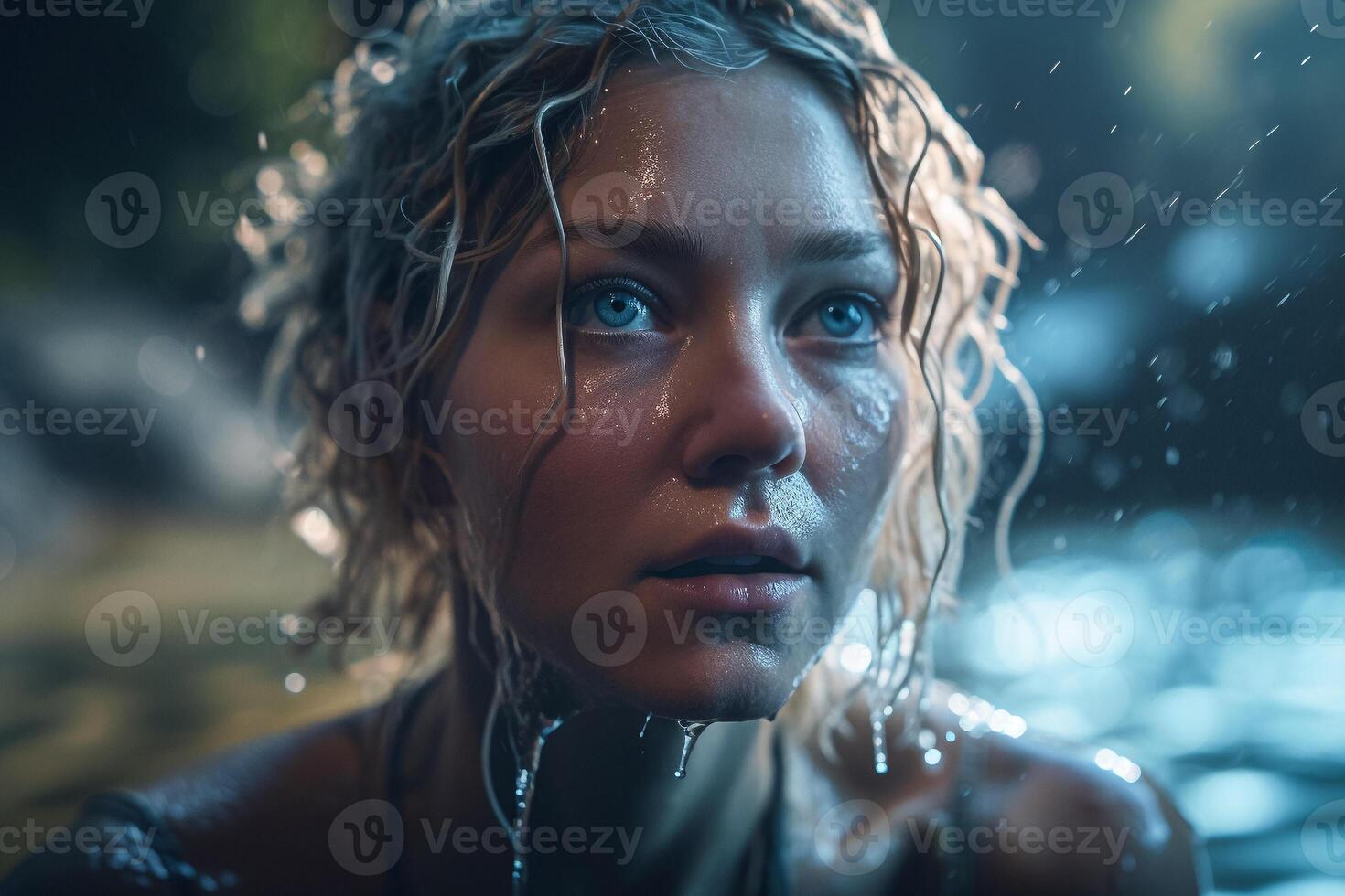 ein ernst jung Erwachsene Frau steht im das Regen, ihr nass Porträt gefangen im ein Kopfschuss Bildschirmfoto. ai generiert foto