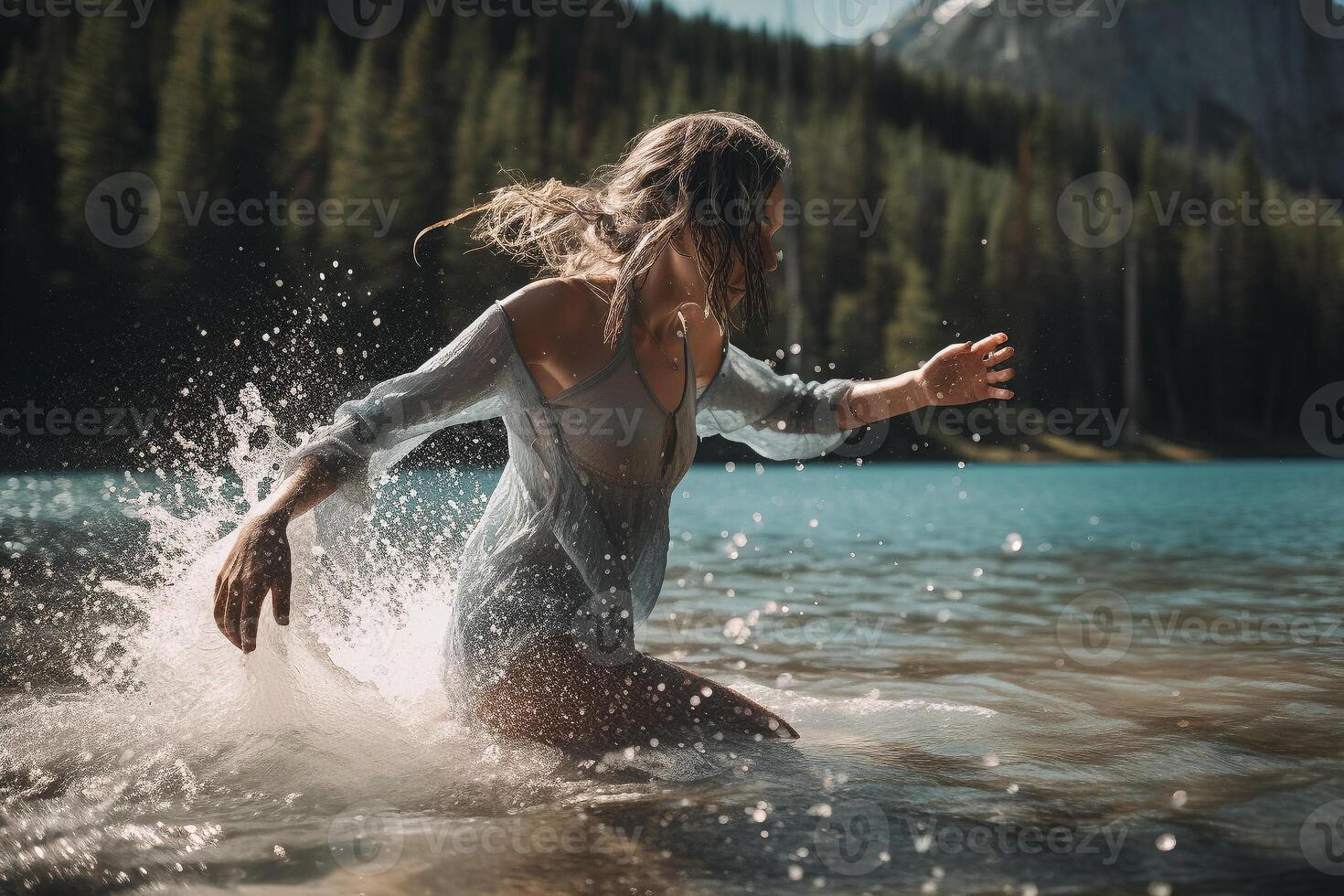 jung Frau planschen Wasser auf das Ufer von ein Berg See. ai generiert foto
