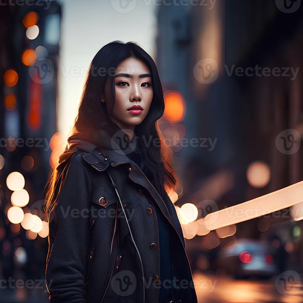 schön asiatisch Frau beim das Straße, generativ Kunst durch ai foto