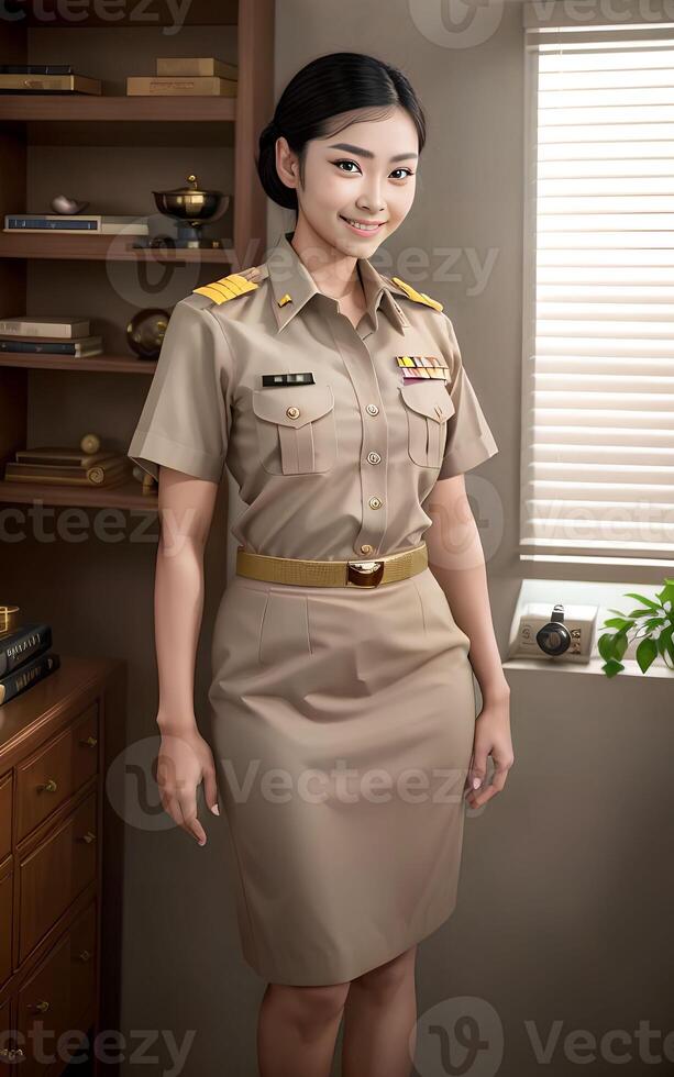 asiatisch Frau thailändisch Lehrer beim Schule im khaki passen Uniform, generativ ai foto