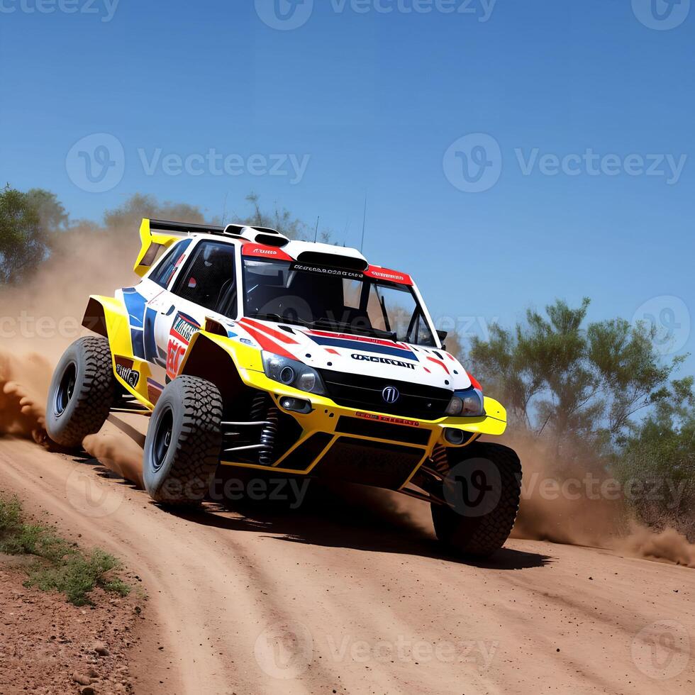 Rallye Rennen Auto beim Schmutz Straße, ai generativ foto