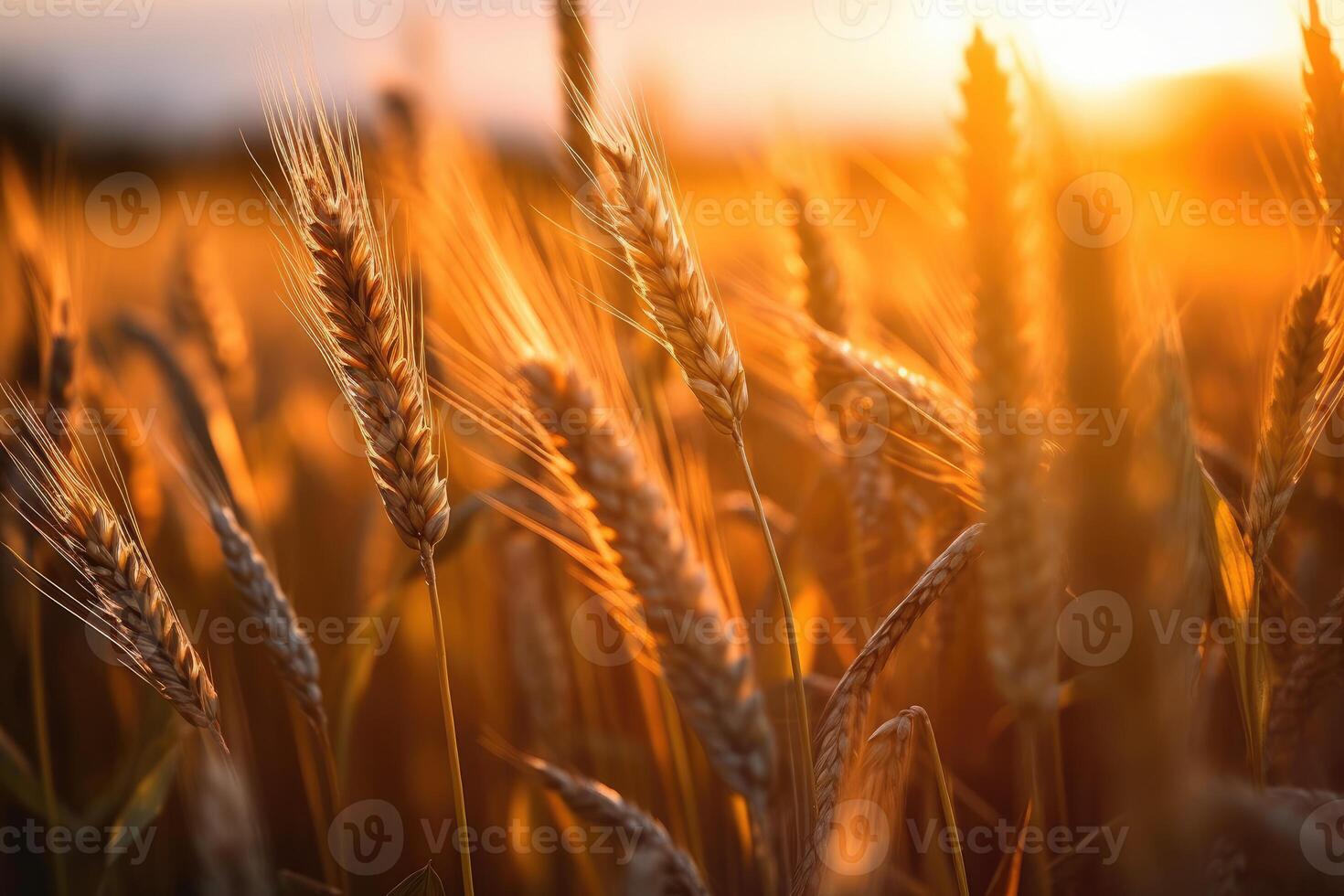 Sonnenuntergang Weizen Feld Hintergrund Foto, verschwommen und Sanft Fokus. generativ ai foto