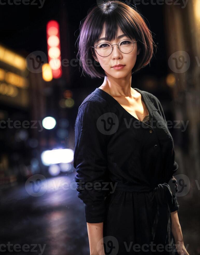 Porträt von schön asiatisch Frau im beiläufig Outfit beim Nacht, generativ ai foto