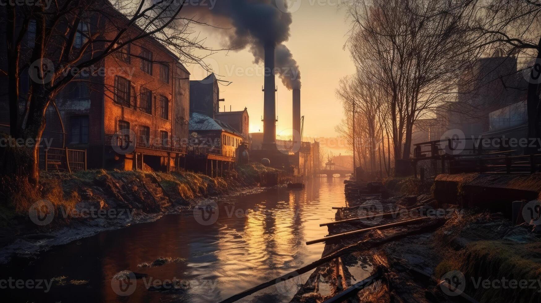 ein industriell Seite? ˅ beim Sonnenuntergang mit Wasser und Rauch. Foto Das zeichnet Beachtung zu Luft Verschmutzung. generativ ai