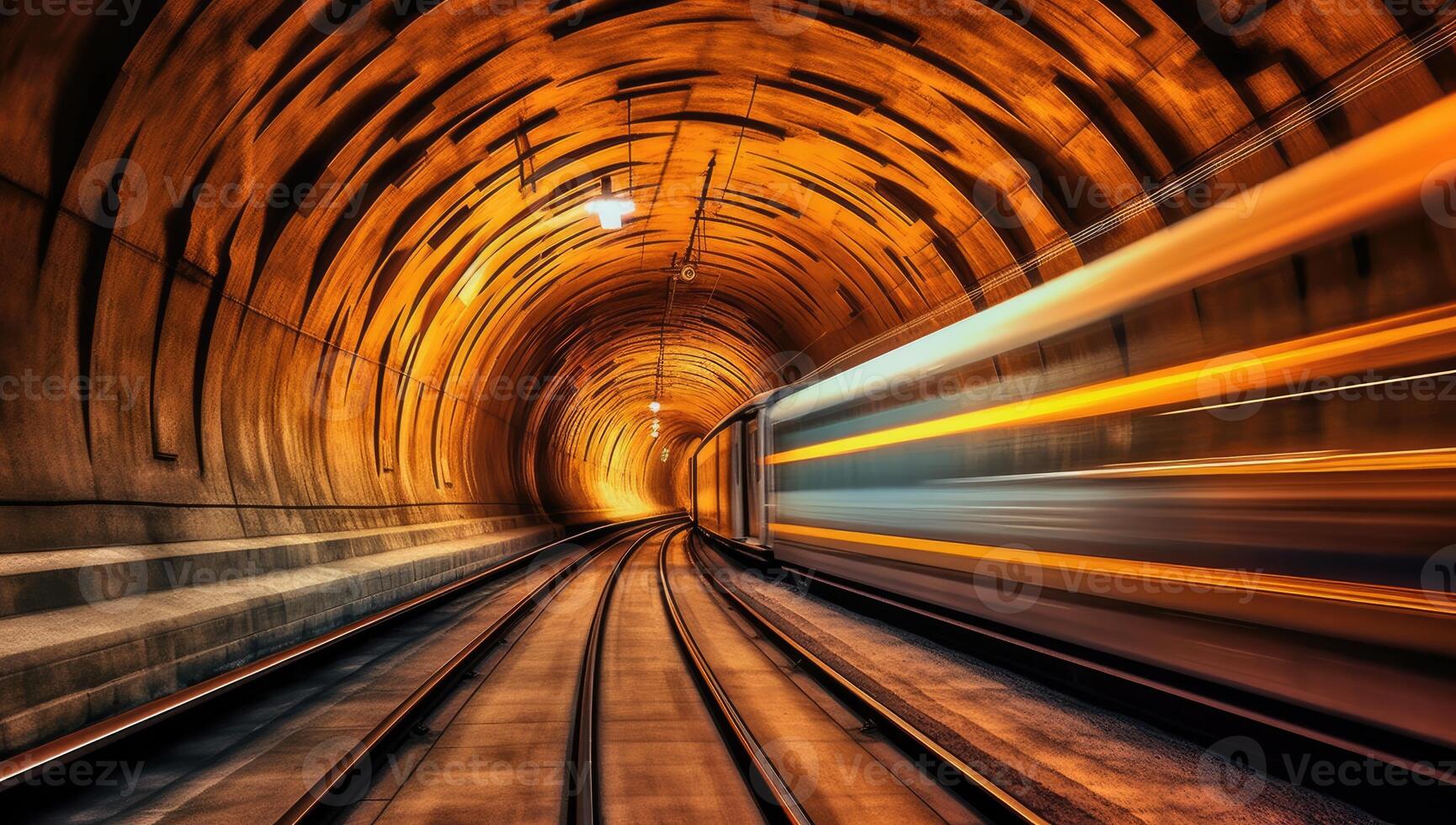 ein Zug Beschleunigen durch ein Tunnel mit Bewegung. generativ ai foto