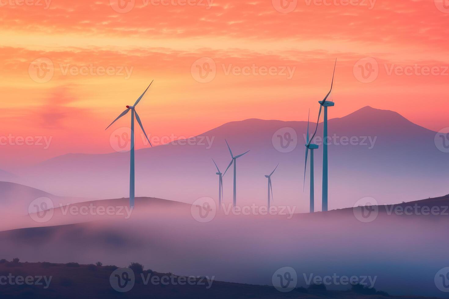 Wind Turbinen im das Berge beim Sonnenuntergang. generativ ai foto