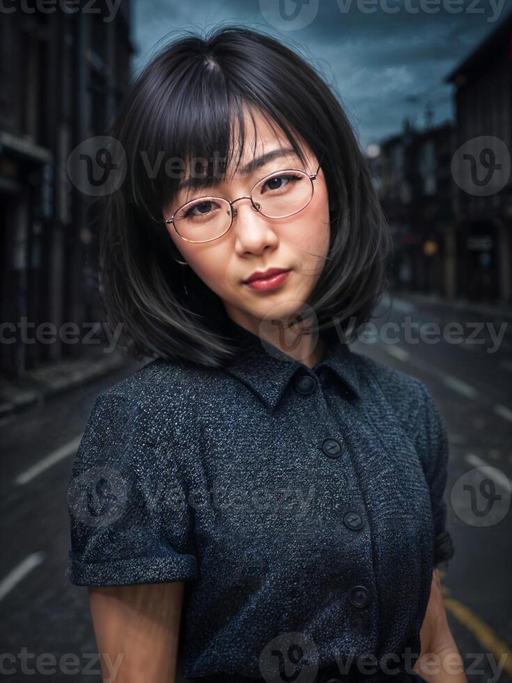 Porträt von schön asiatisch Frau im beiläufig Outfit beim Nacht, generativ ai foto
