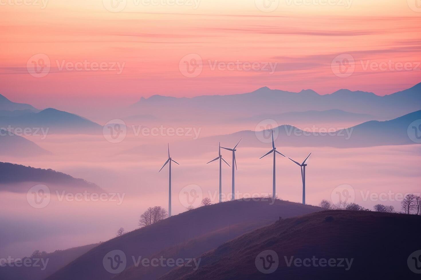 Wind Turbinen im das Berge beim Sonnenuntergang. generativ ai foto