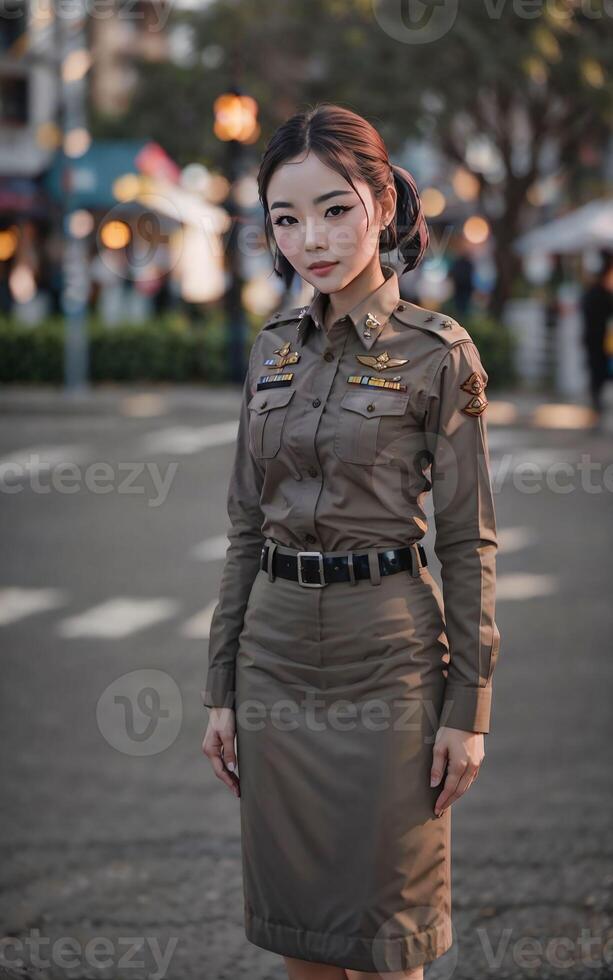 schön asiatisch Thailand Polizei Frau beim Straße, generativ ai foto