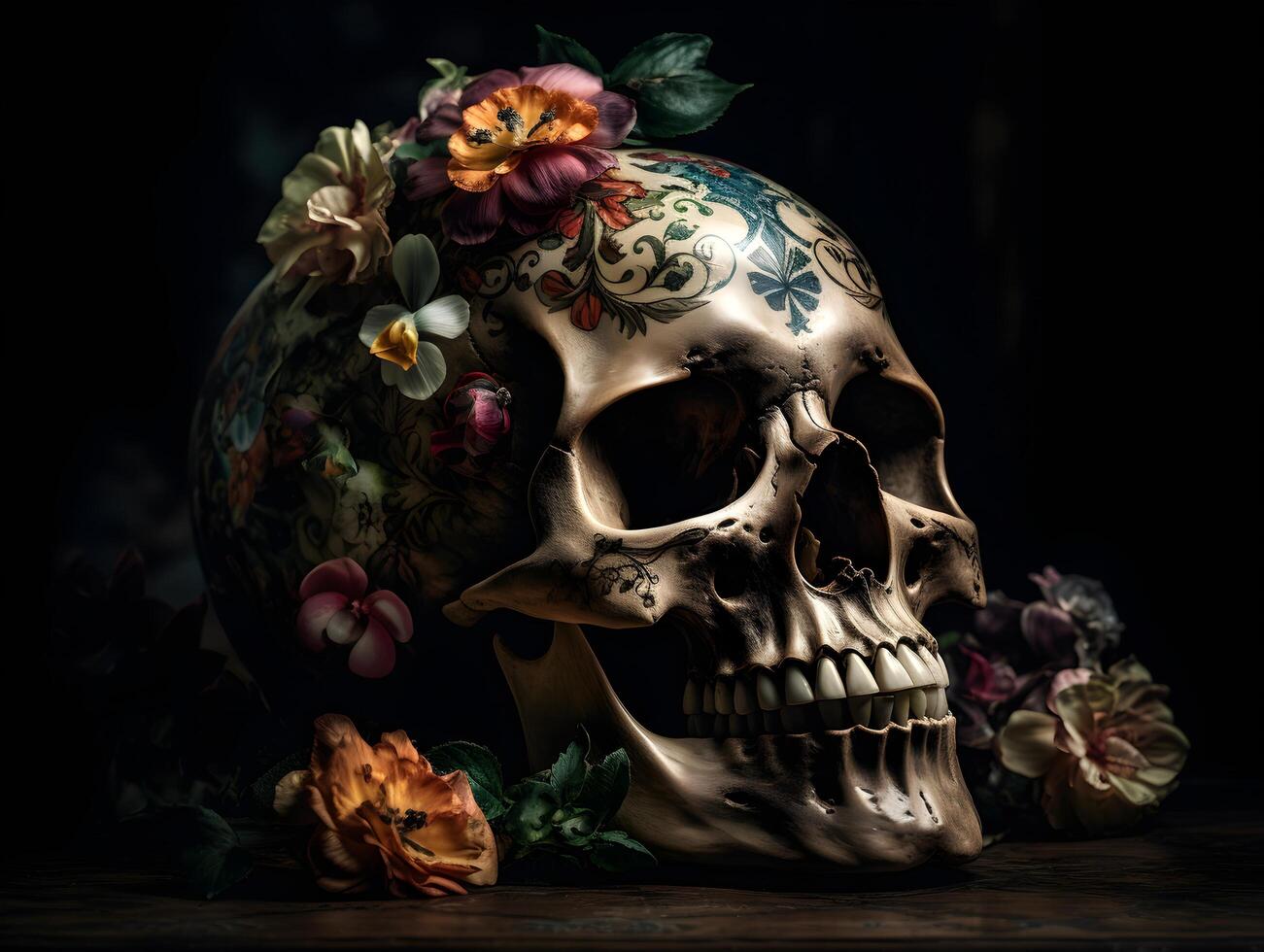 Mensch Schädel zum glücklich Halloween lächelnd Schädel Blumen- Design auf Schädel foto