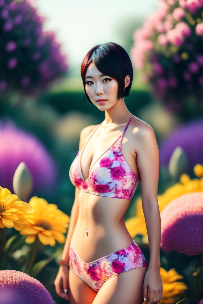 schön kurz Haar asiatisch Frau tragen Badeanzug im Blume Garten generativ ai durch lexica.art foto