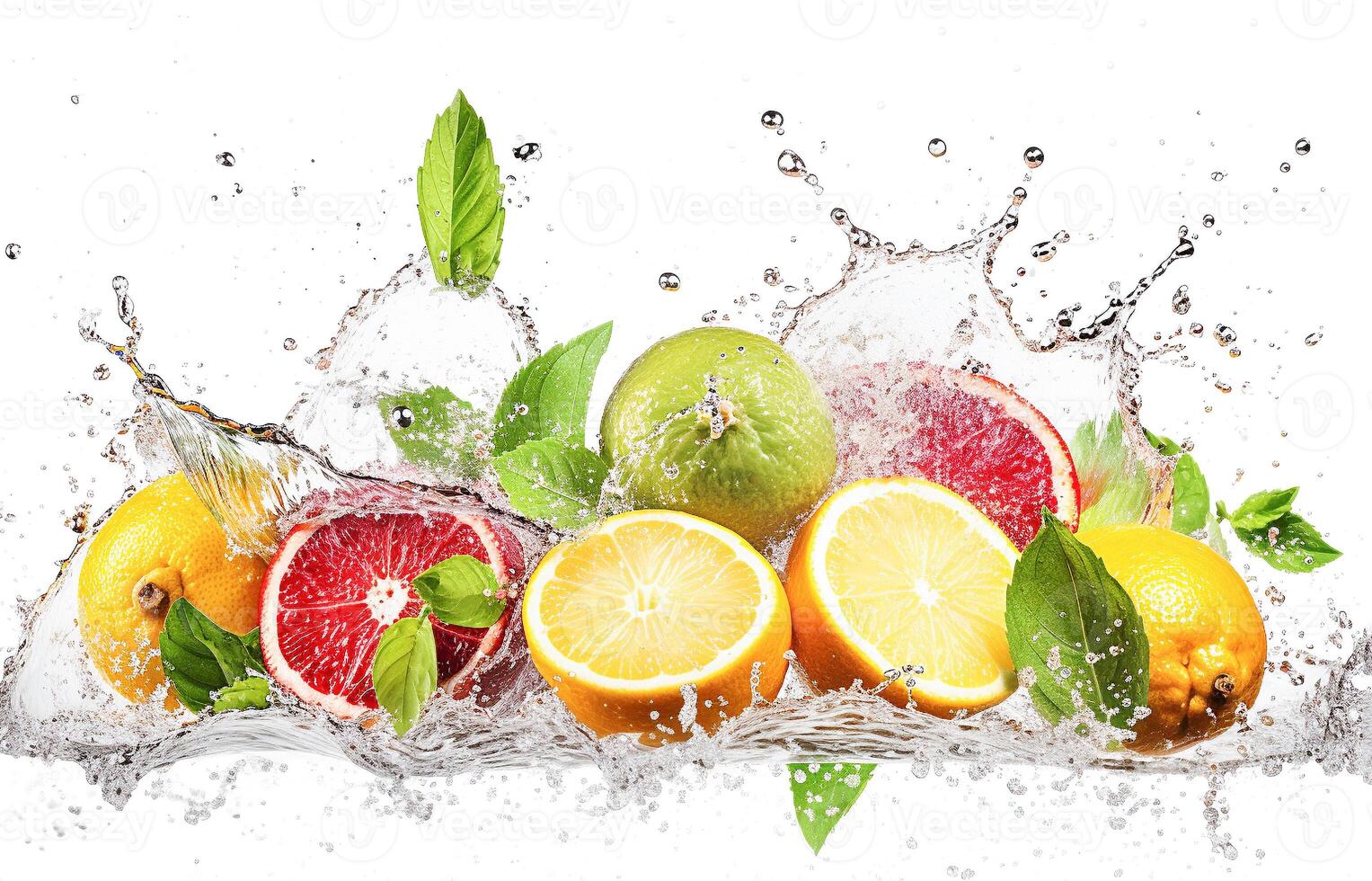 ai generativ. frisch Zitrusfrüchte Früchte mit Wasser Spritzen foto