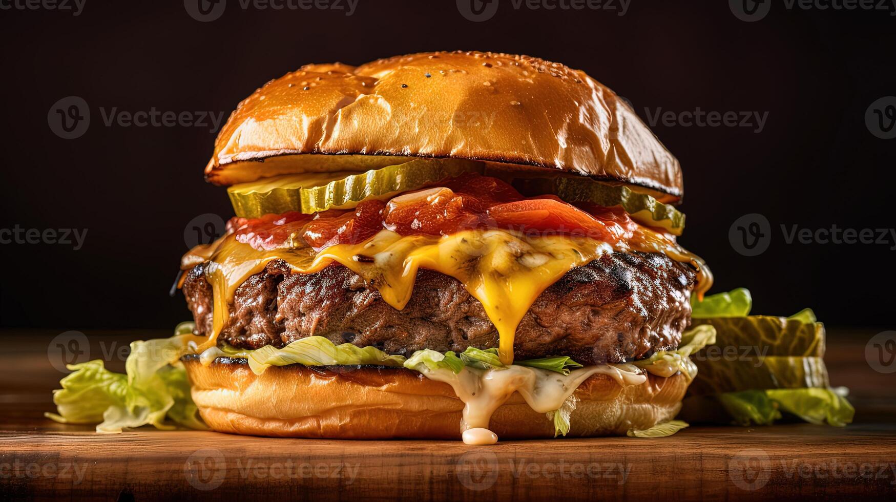 lecker Hamburger mit alle das Befestigungen, einschließlich ein gehackt Rindfleisch Pastetchen, Käse, Kopfsalat, Tomate Scheibe und Soße. generativ ai Illustration. foto