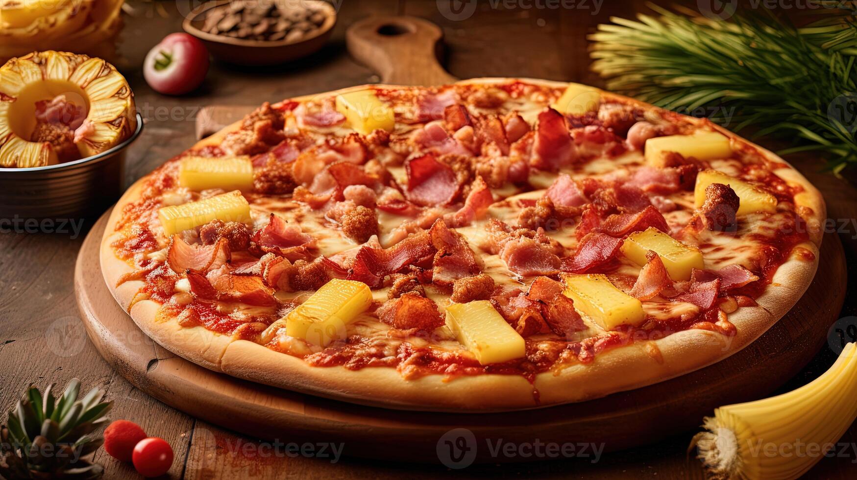 ganze köstlich Pizza mit Ananas, Speck Scheibe, Mozzarella Käse, Soße auf hölzern Hintergrund zum schnell Essen und bereit zu Essen Konzept. generativ ai. foto