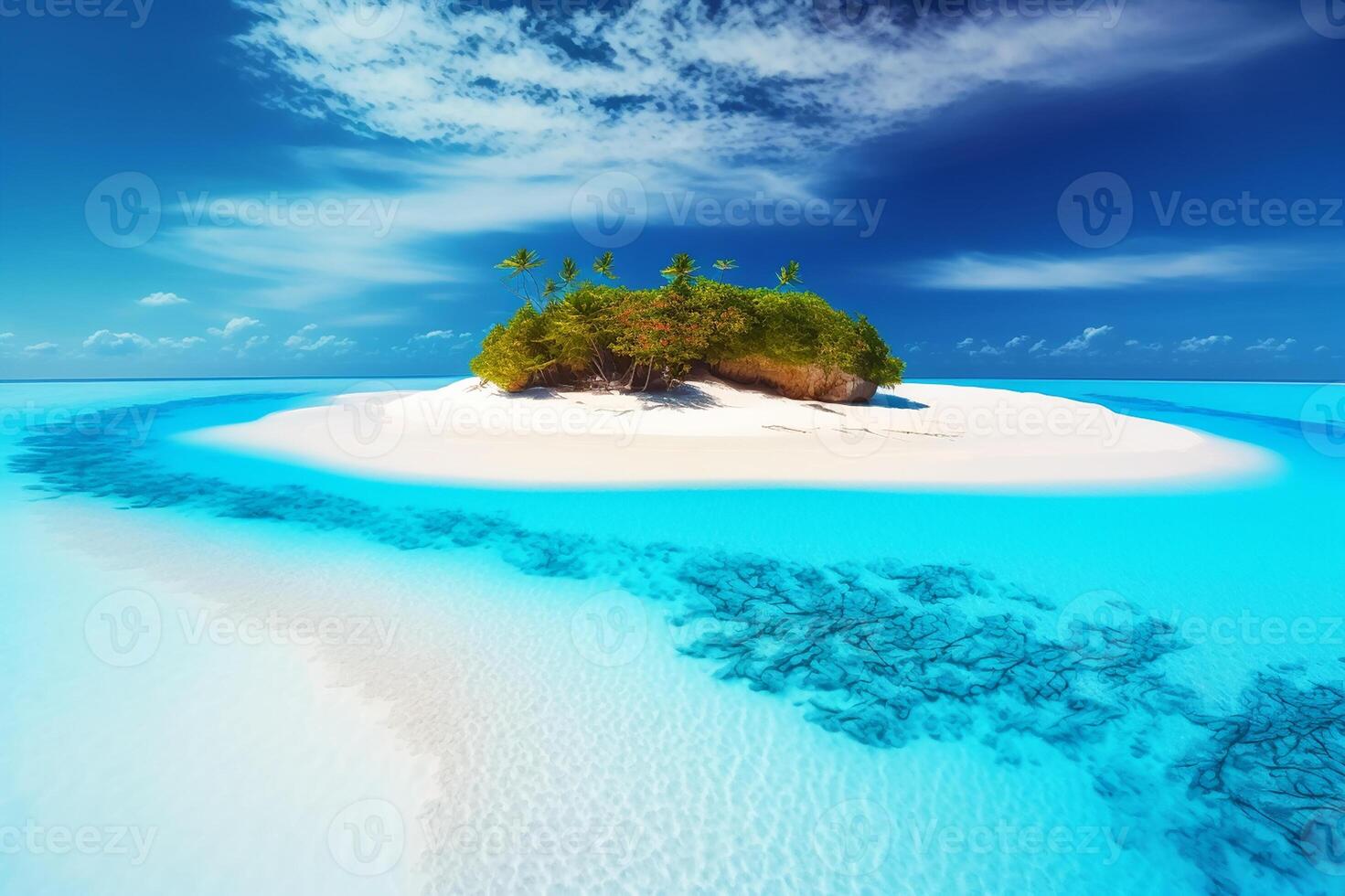 tropisch Insel, Weiß Sand, Palme Bäume, Meer. Landschaft. generativ ai foto