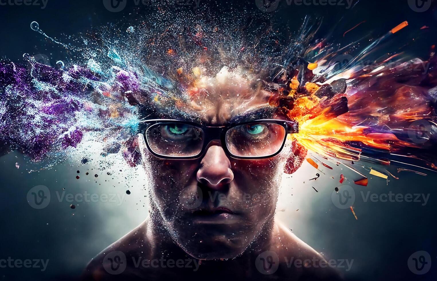 Brainstorming, Gehirn Explosion, ein des Mannes Kopf gegen ein dunkel Hintergrund. generativ ai foto