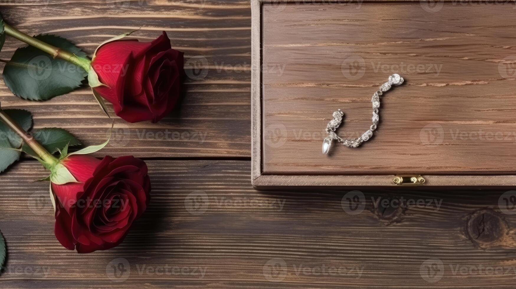 Nahansicht von hölzern Geschenk Box mit rot Rosen und Schmuck Element auf braun rustikal Tabelle oben. generativ ai. foto
