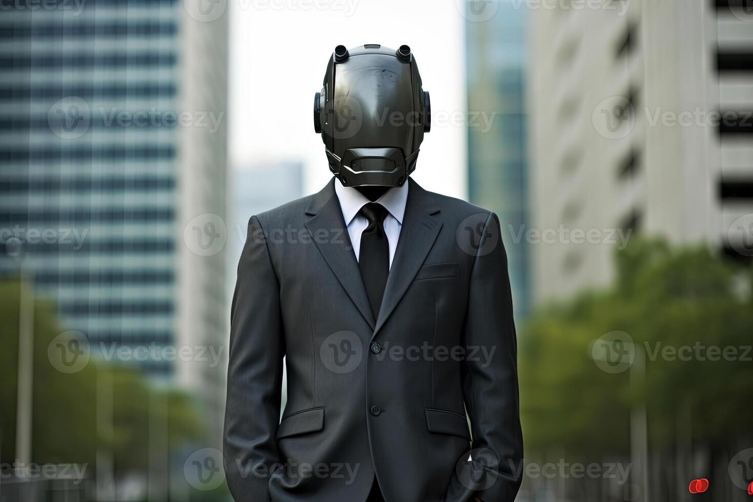 Nahansicht Bild von Geschäftsmann tragen Cyberpunk Maske im Stehen Pose, verschwommen Gebäude Hintergrund. generativ ai. foto