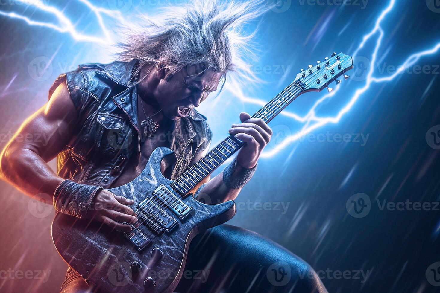 Felsen Gitarrist, Metall Rockstar spielen Gitarre mit Blitz auf das Saiten. generativ ai foto