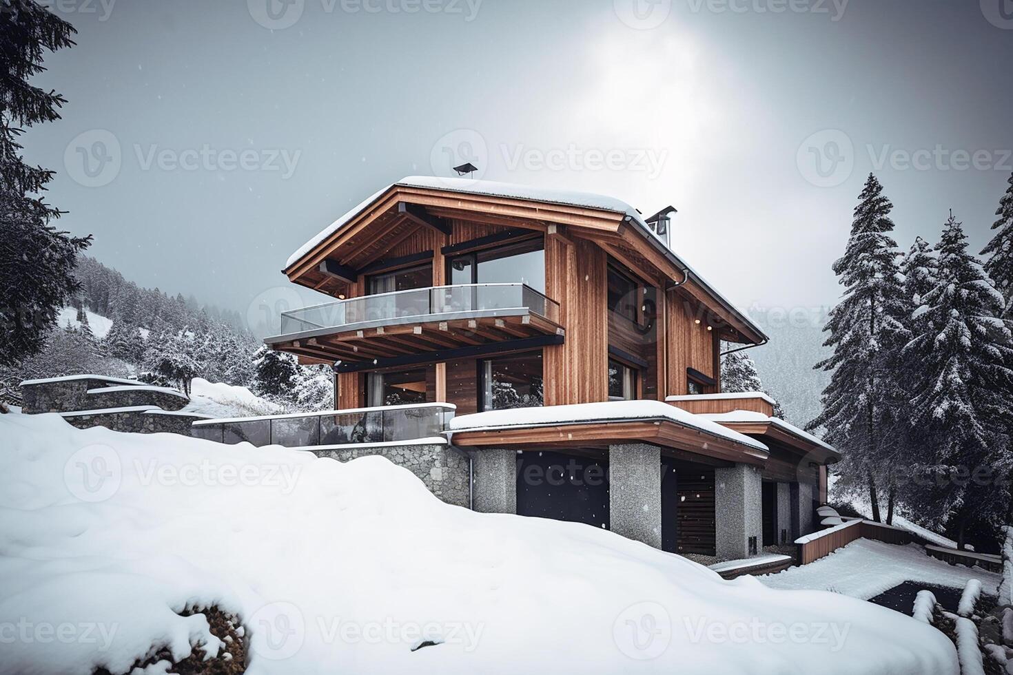 ein Berg Luxus Hotel, ein Ski Hotel gegen ein Hintergrund von schneebedeckt Berge. generativ ai foto