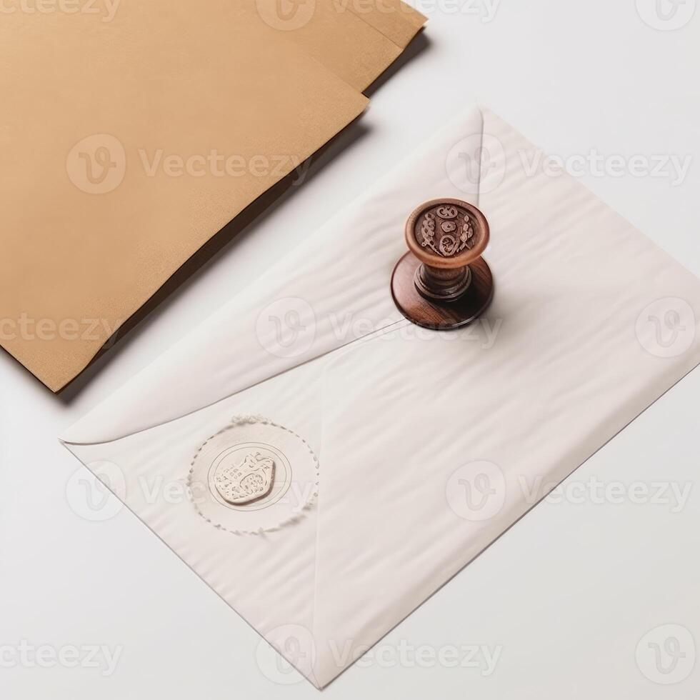 eben legen alt Brief Briefumschlag mit Papier und Siegel, Briefmarke. oben Sicht. generativ ai. foto