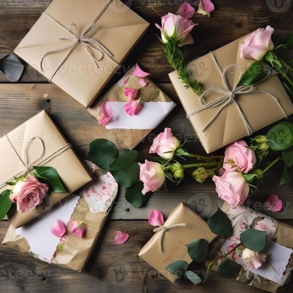 oben Aussicht von rustikal Stil Geschenk Kisten verpackt von Kraft Papier mit Rosen Blumen- auf alt hölzern Tisch, generativ ai. foto