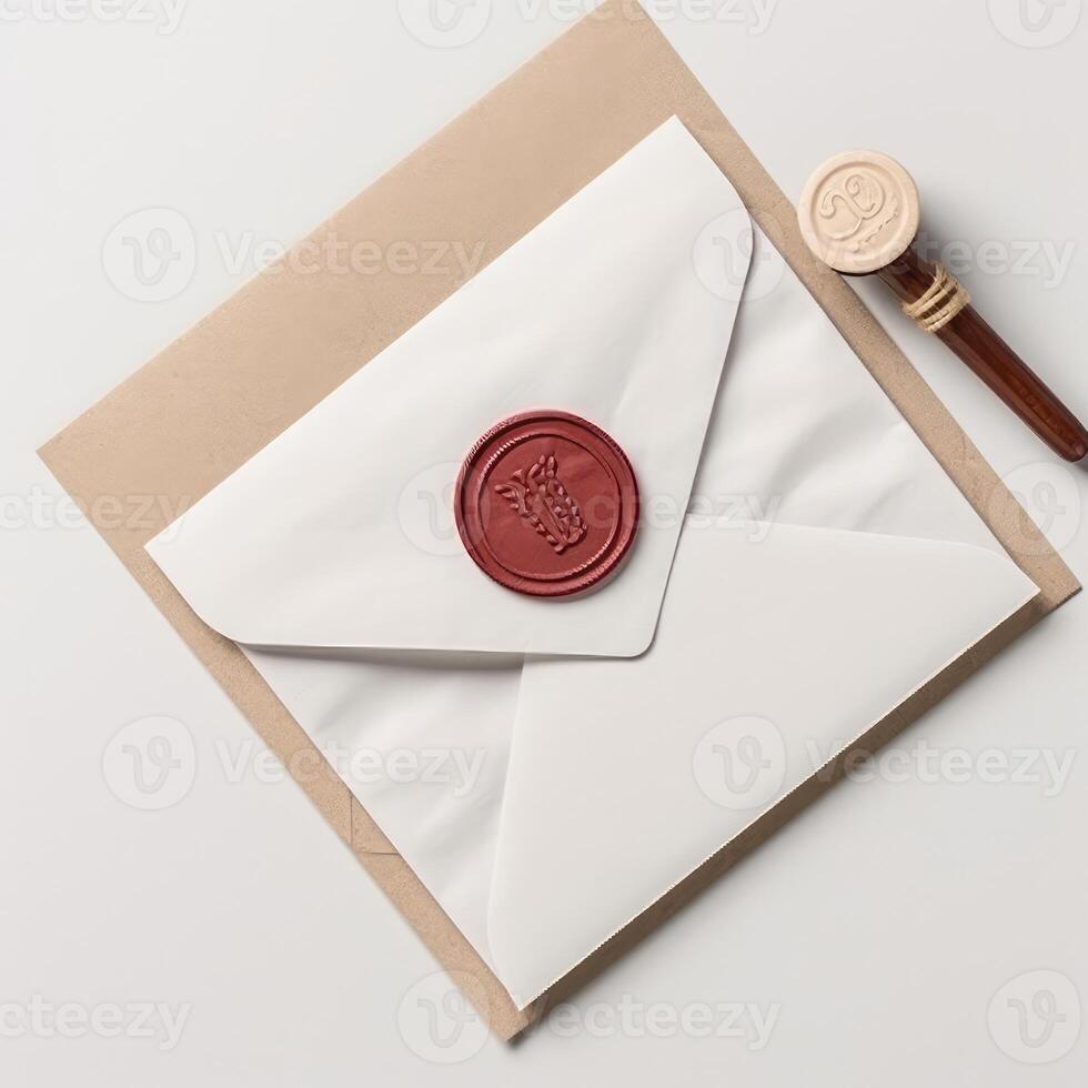 Overhead Aussicht von rot versiegelt schwarz und braun alt Brief Briefumschlag auf hölzern Hintergrund. generativ ai. foto