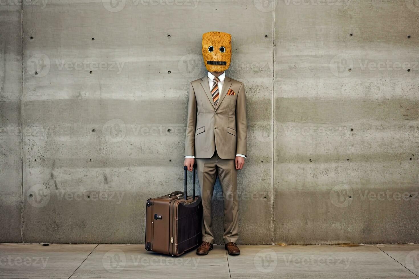 Porträt von Geschäftsmann Abdeckung seine Gesicht von traurig Maske im Stehen Pose neben Koffer auf draussen Bereich. generativ ai. foto