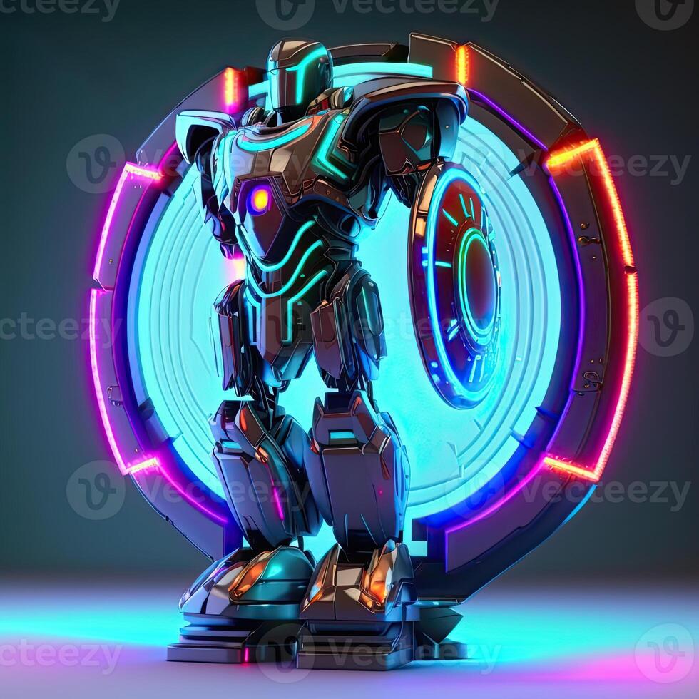 Cyborg Roboter und futuristisch Neon- glühend, Kreis gestalten auf Hintergrund. generativ ai. foto