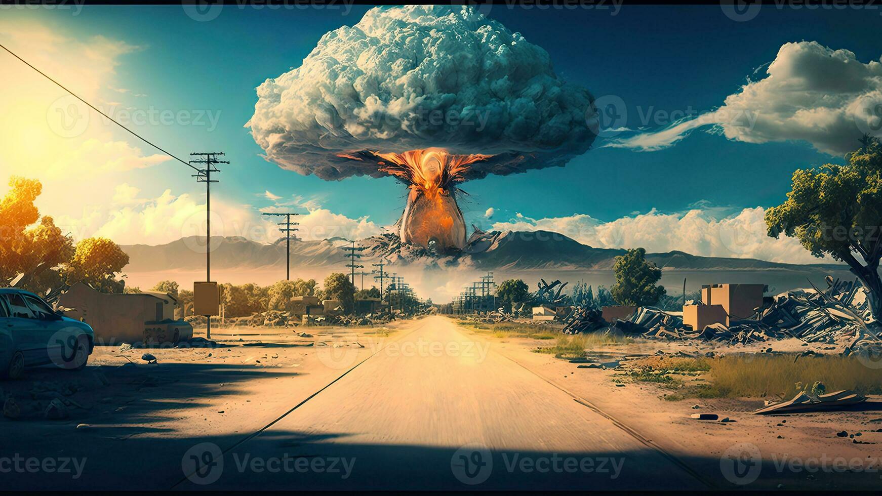 zerstört Welt, nuklear Explosion mit Feuer Verbrennung, ai-generativ Digital Kunst. foto