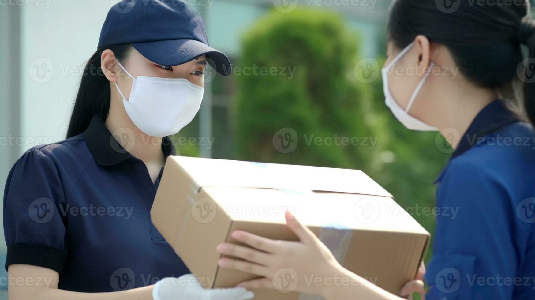 Nahansicht Porträt von asiatisch Lieferung Mädchen halten ein Karton Box zusammen im schützend Maske, Arbeit zum Kurier Service. generativ ai. foto