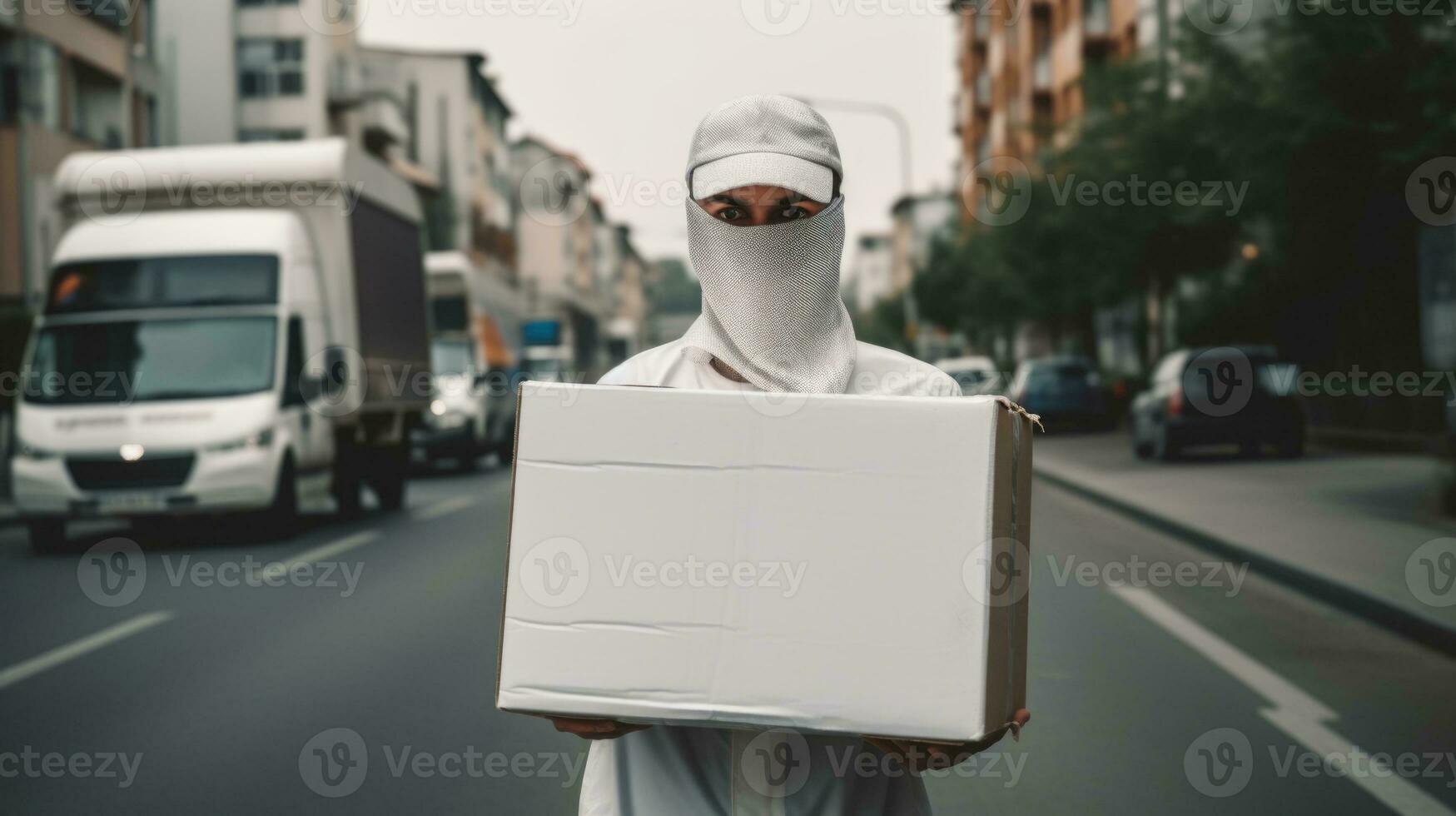 Porträt von Lieferung Mann halten Weiß Karton Box auf Straße, Arbeit zum Kurier Unternehmen. generativ ai. foto