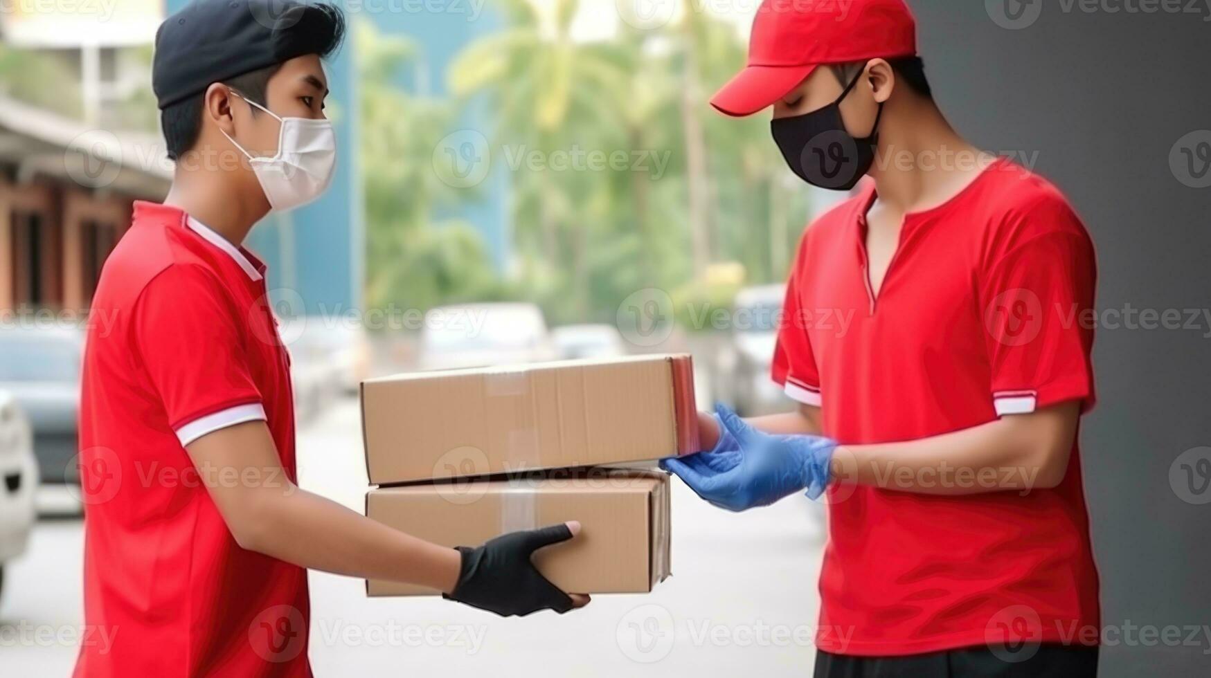 Porträt von Lieferung Männer tragen rot T-Shirt mit medizinisch Maske, halten Karton Kisten zusammen zum nehmen weg. generativ ai. foto