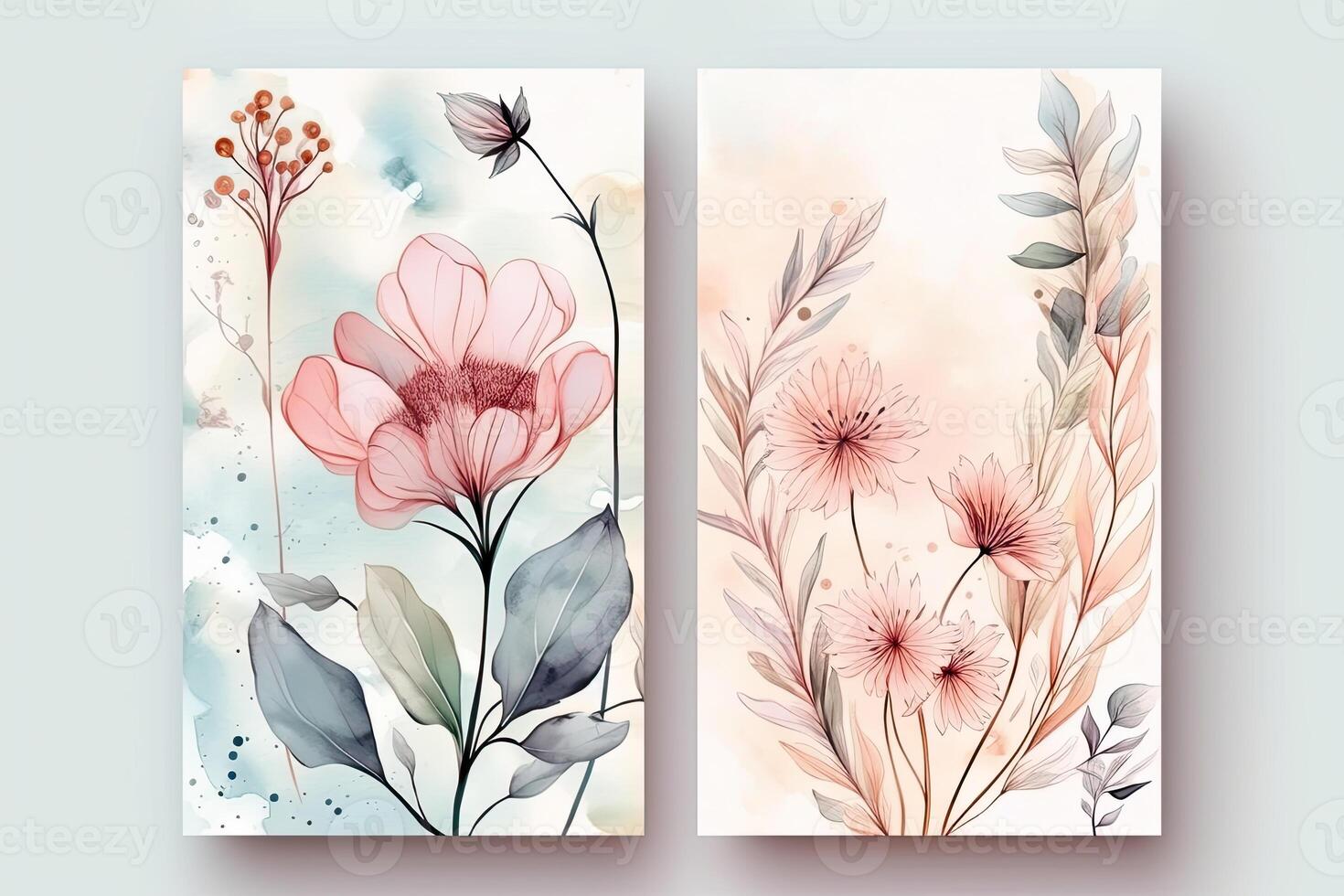 Aquarell botanisch Komposition Vertikale Hintergrund oder Karte Design mit Blumen, Blätter. generativ ai Illustration. foto