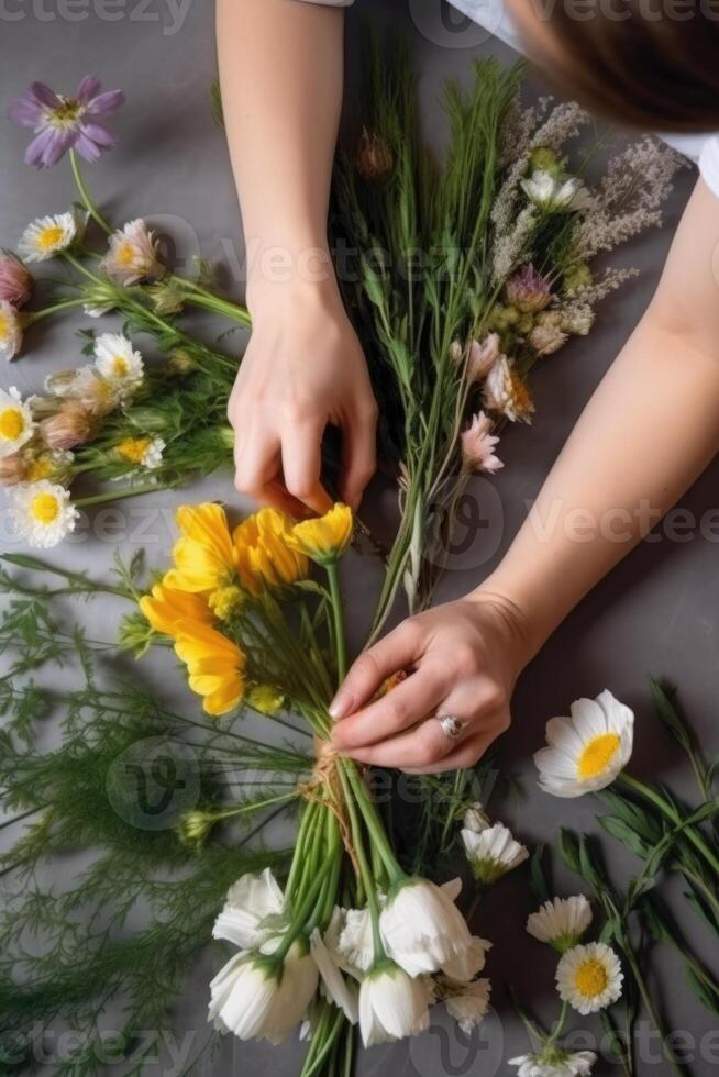 oben Aussicht Nahansicht von weiblich Florist Erstellen schön Strauß beim Arbeitsplatz, generativ ai. foto