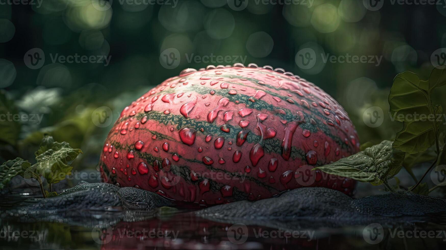 Nahansicht von frisch Wassermelone mit Wasser Tröpfchen und Pflanze auf Natur Hintergrund, erstellt durch generativ ai Technologie. foto