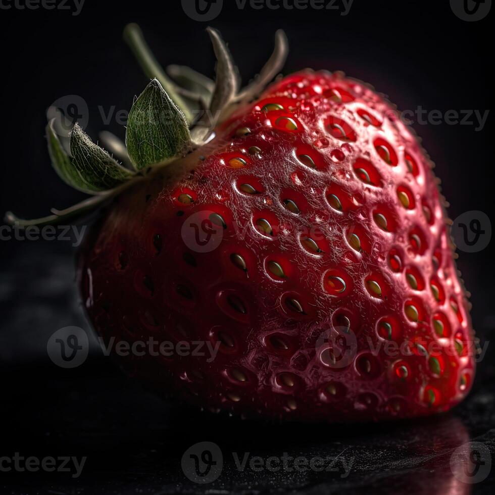 auffällig Fotografie von saftig Erdbeere auf dunkel Hintergrund. generativ ai. foto
